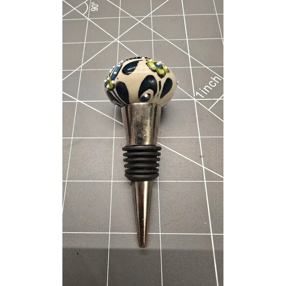 Hand Painted Ceramic Floral Wine Bottle Stopper Blue Green Decorative Barware